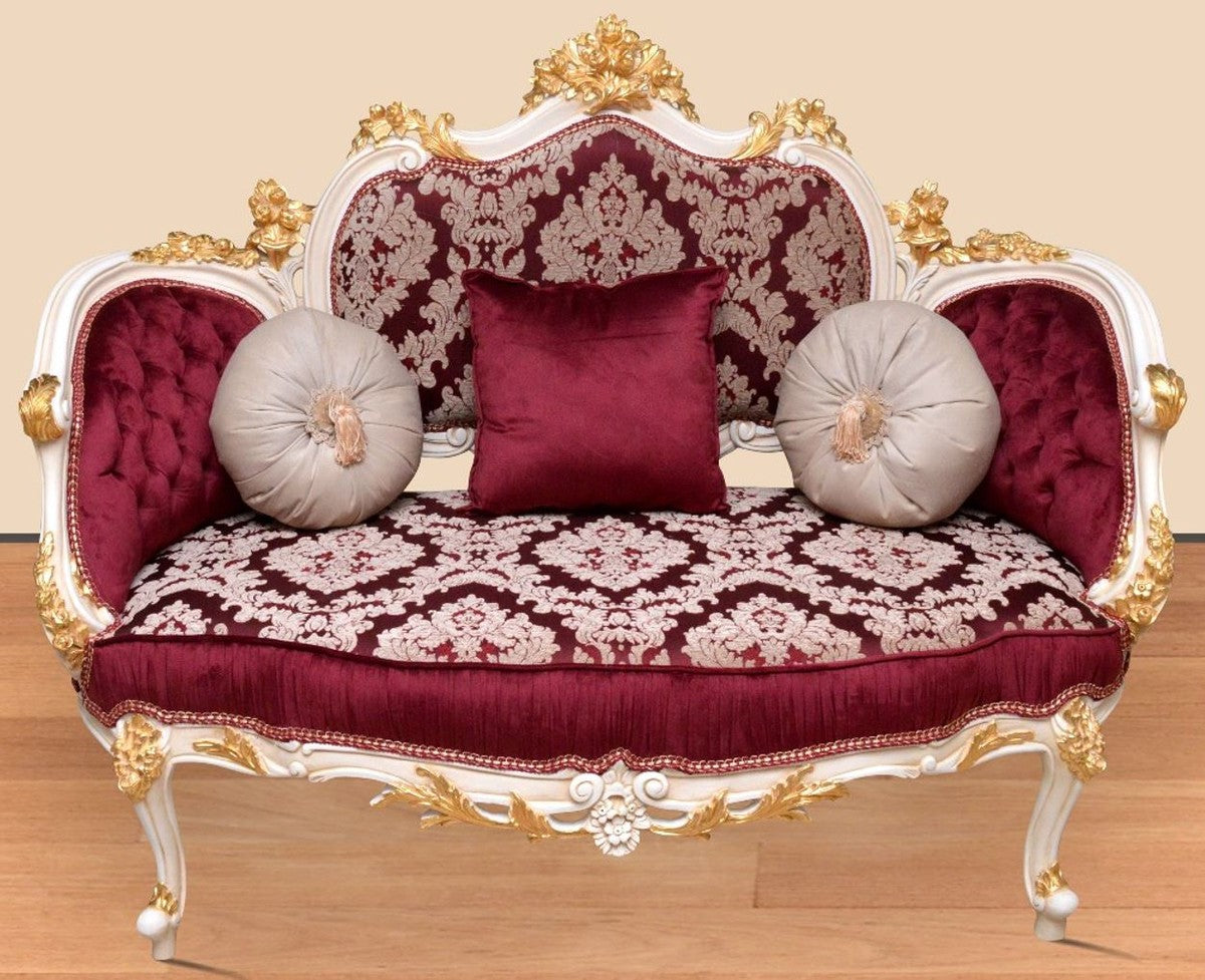 Barock Sofa Bordeauxrot / Weiß / Gold - Handgefertigtes Wohnzimmer Sofa im Barockstil - Prunkvolle Barock Wohnzimmer Möbel
