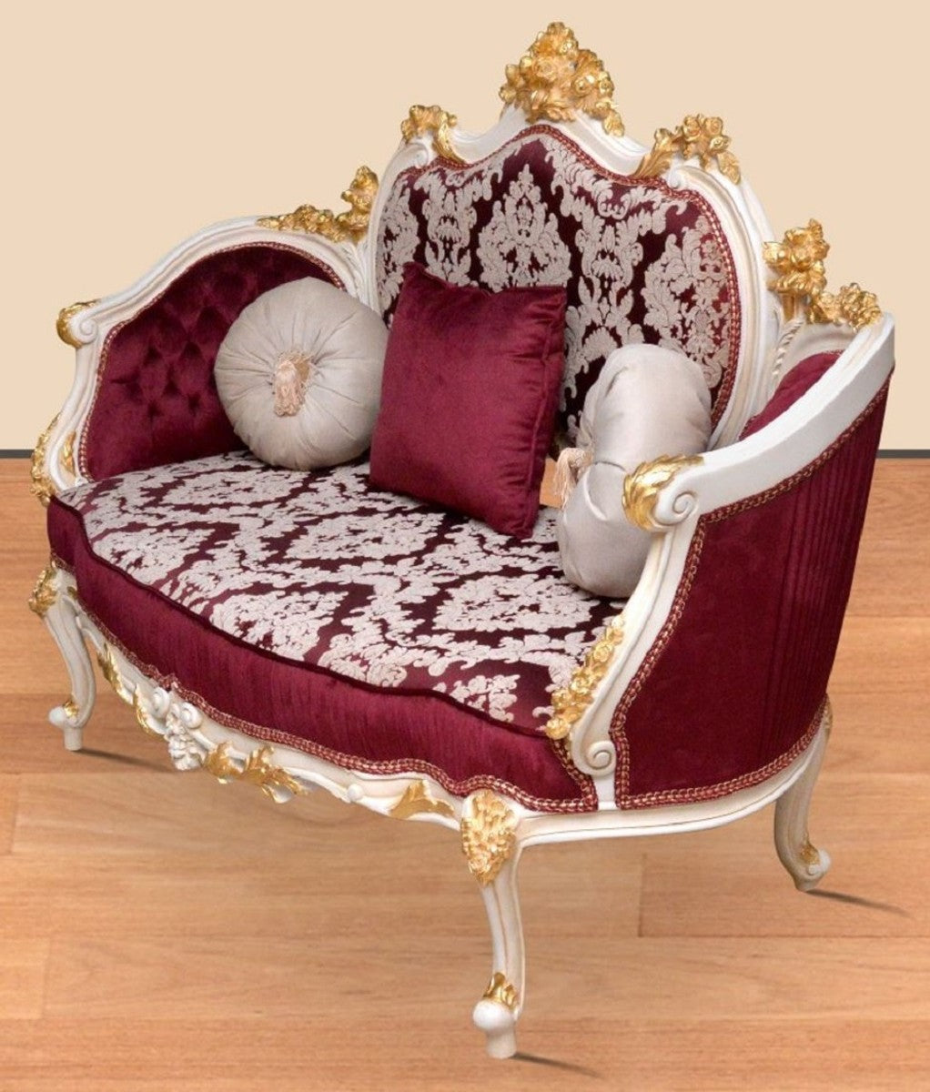 Barock Sofa Bordeauxrot / Weiß / Gold - Handgefertigtes Wohnzimmer Sofa im Barockstil - Prunkvolle Barock Wohnzimmer Möbel