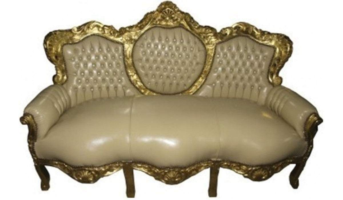 Barock Sofa King Creme Lederoptik / Gold - Möbel Antik Stil