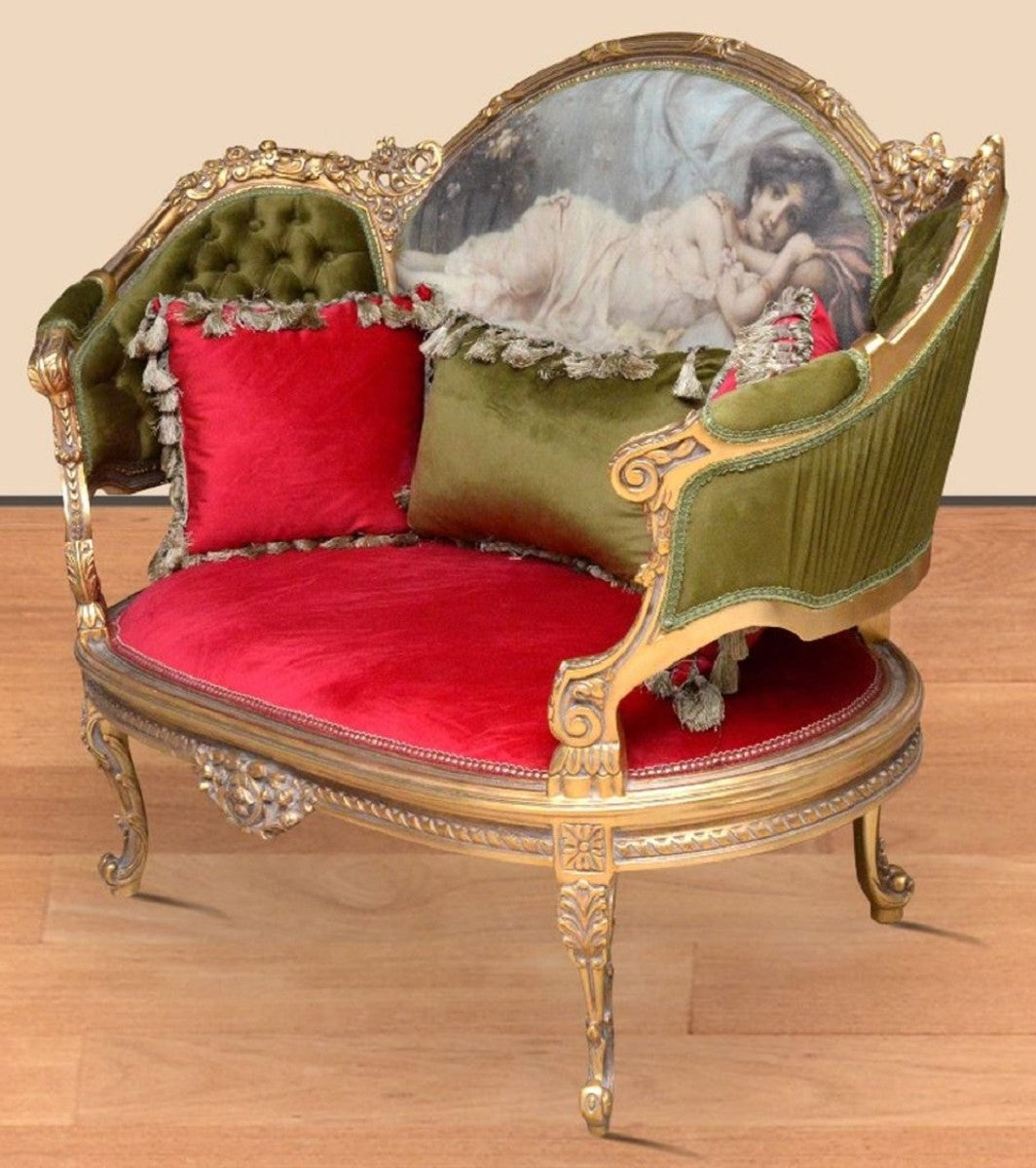 Barock Sofa Grün / Rot / Mehrfarbig / Gold - Handgefertigtes Wohnzimmer Sofa im Barockstil - Prunkvolle Barock Wohnzimmer Möbel