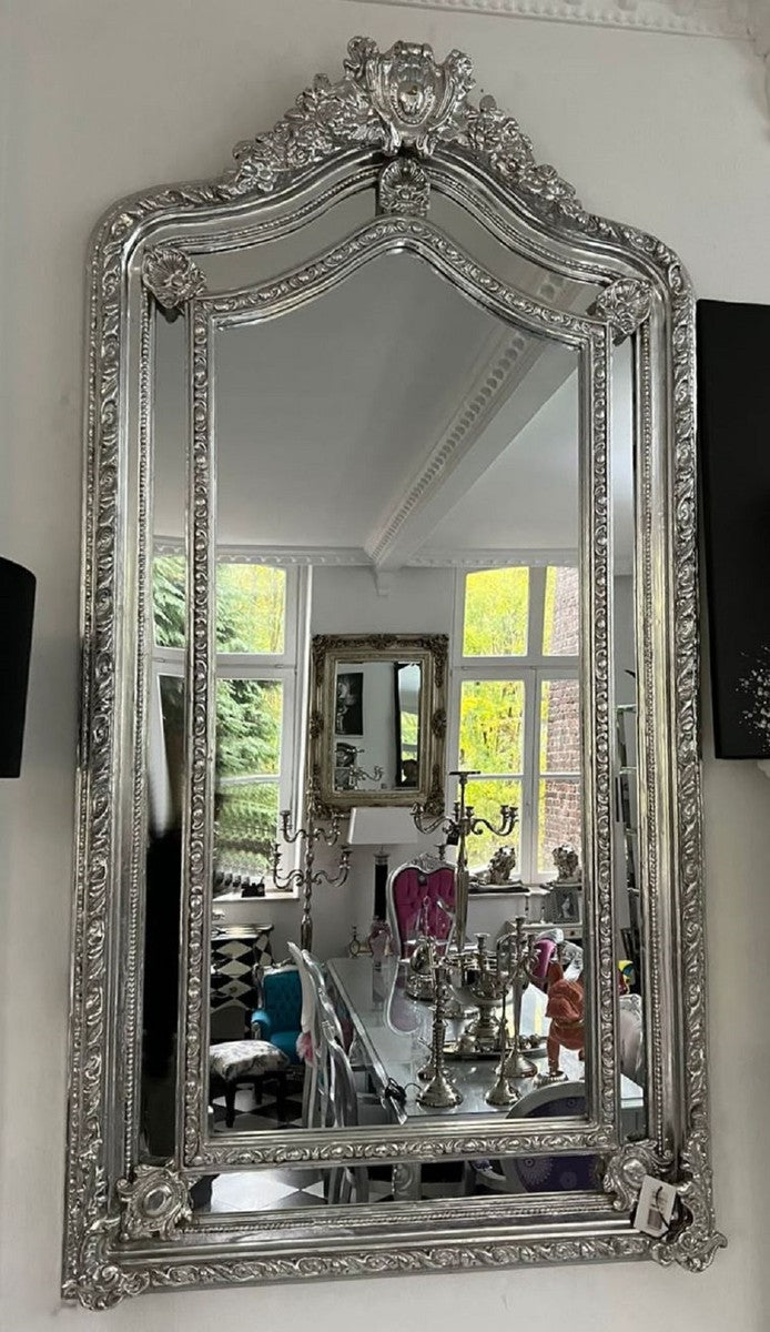 Barock Spiegel Silber - Rechteckiger Wandspiegel im Barockstil - Handgefertigter Barock Garderoben Spiegel - Barock Interior - Barock Möbel - Edel & Prunkvoll