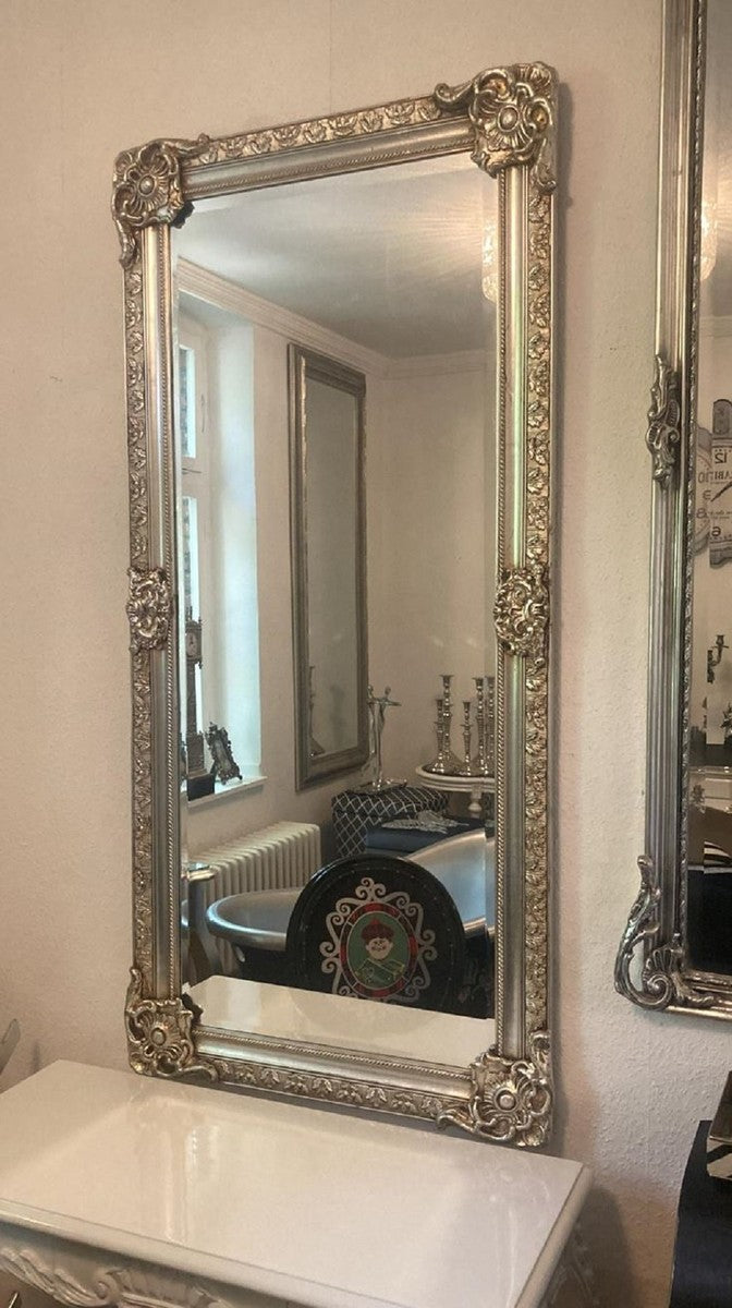 Barock Spiegel Silber - Rechteckiger Wandspiegel im Barockstil - Handgefertigter Barock Garderoben Spiegel - Prunkvolle Barock Möbel - Barock Interior