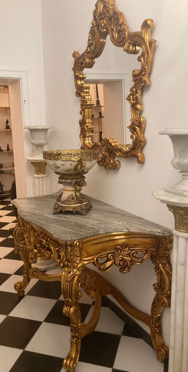 Barock Konsole mit Marmorplatte und Spiegel Gold / Grau - Prunkvolle Spiegelkonsole im Barockstil - Garderoben Möbel Barockstil - Barock Möbel - Antik Stil Möbel - Edel & Prunkvoll