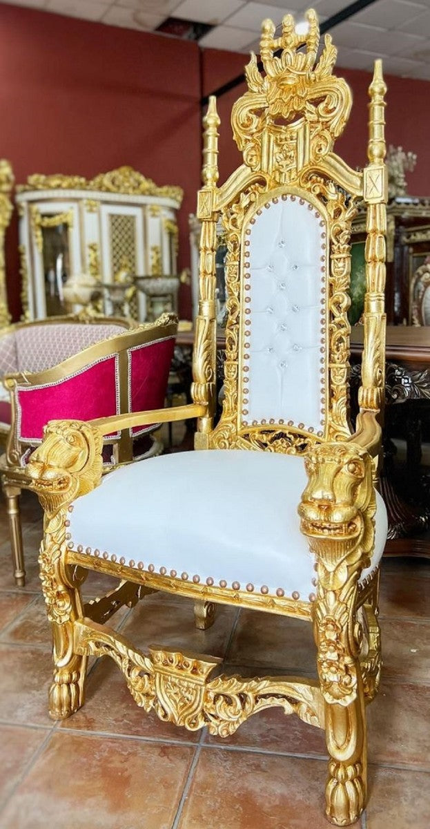 Barock Thron Sessel mit Kunstleder und Glitzersteinen Weiß / Gold - Handgefertigter Königssessel - Hochzeitssessel - Riesensessel - Prunkvolle Barock Möbel