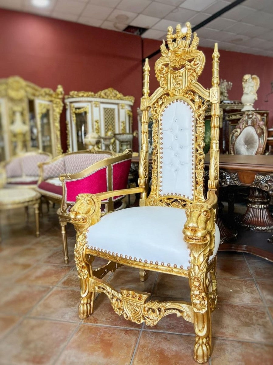 Barock Thron Sessel mit Kunstleder und Glitzersteinen Weiß / Gold - Handgefertigter Königssessel - Hochzeitssessel - Riesensessel - Prunkvolle Barock Möbel