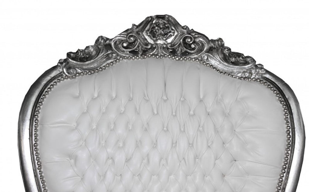 Barock Thron Sessel mit Kunstleder Weiß / Silber - Handgefertigter Königssessel - Prunkvoller Hochzeitssessel - Barock Riesensessel - Barock Möbel