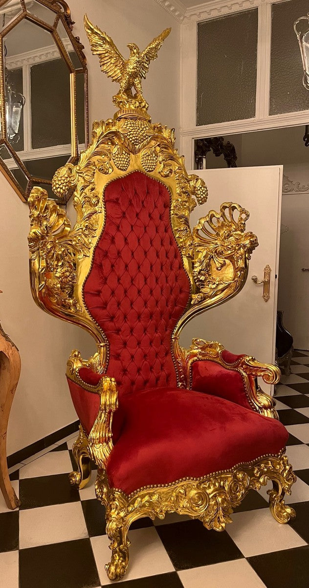 Barock Thron Sessel mit edler Adler Skulptur Bordeauxrot / Gold - Handgefertigter Königssessel im Barockstil - Prunkvoller Hochzeitssessel - Barock Riesensessel - Barock Möbel