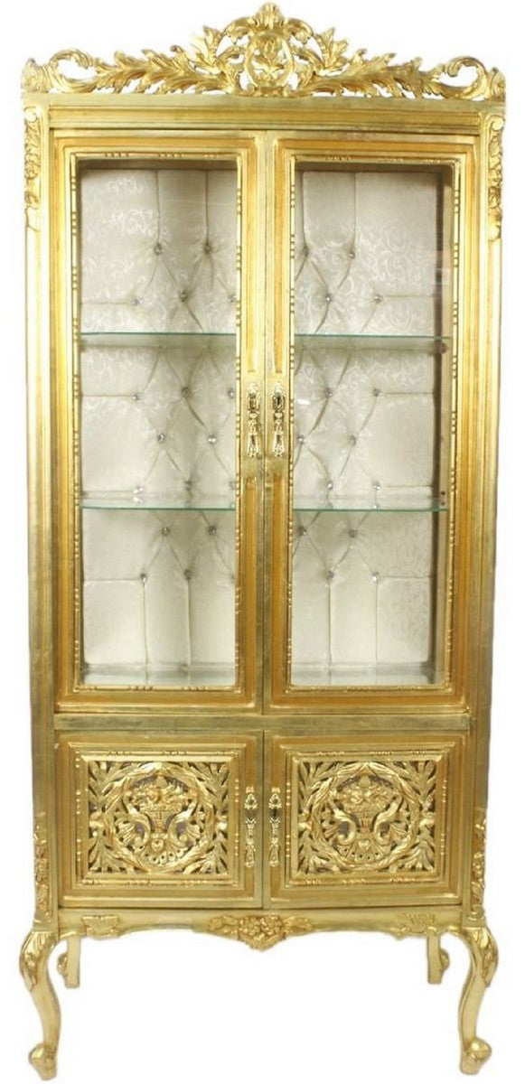 Barock Vitrine Gold / Cremefarben 100 x 40 x H. 170 cm - Prunkvoller Barock Vitrinenschrank mit 2 Glastüren wunderschönen Verzierungen und Glitzersteinen