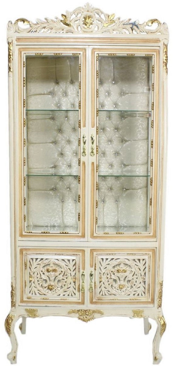 Barock Vitrine Cremefarben / Beige / Gold 100 x 40 x H. 170 cm - Prunkvoller Barock Vitrinenschrank mit 2 Glastüren wunderschönen Verzierungen und Glitzersteinen