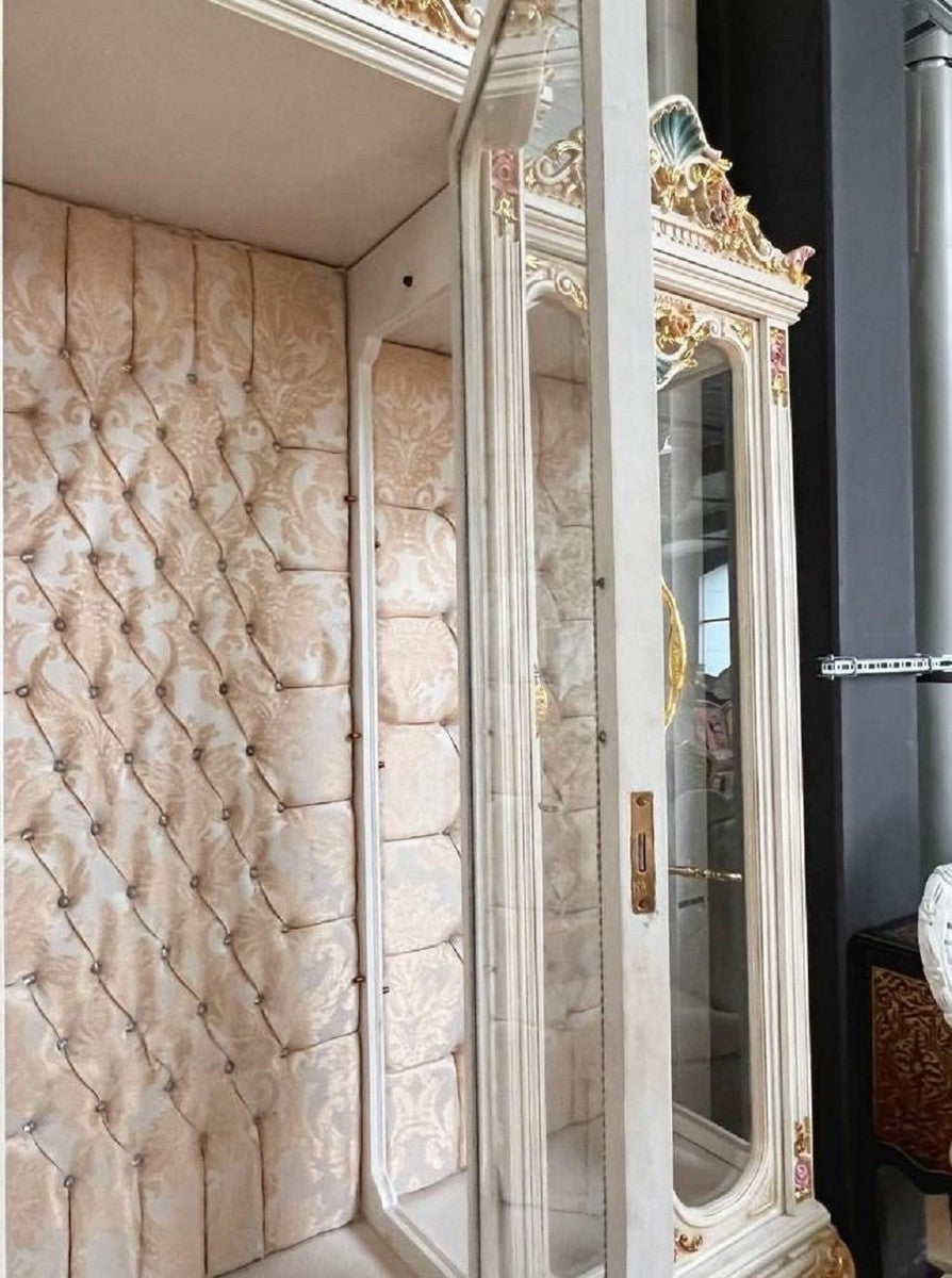 Barock Vitrine Weiß / Beige / Mehrfarbig / Gold - Handgefertigter Massivholz Vitrinenschrank mit 3 Glastüren und Glitzersteinen - Barock Möbel - Edel & Prunkvoll
