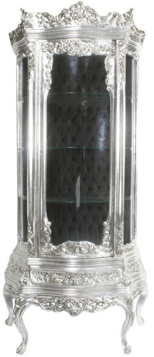 Barock Vitrine Silber / Schwarz 80 x 40 x H. 200 cm - Prunkvoller Barock Vitrinenschrank mit Glastür und wunderschönen Verzierungen - Barock Möbel
