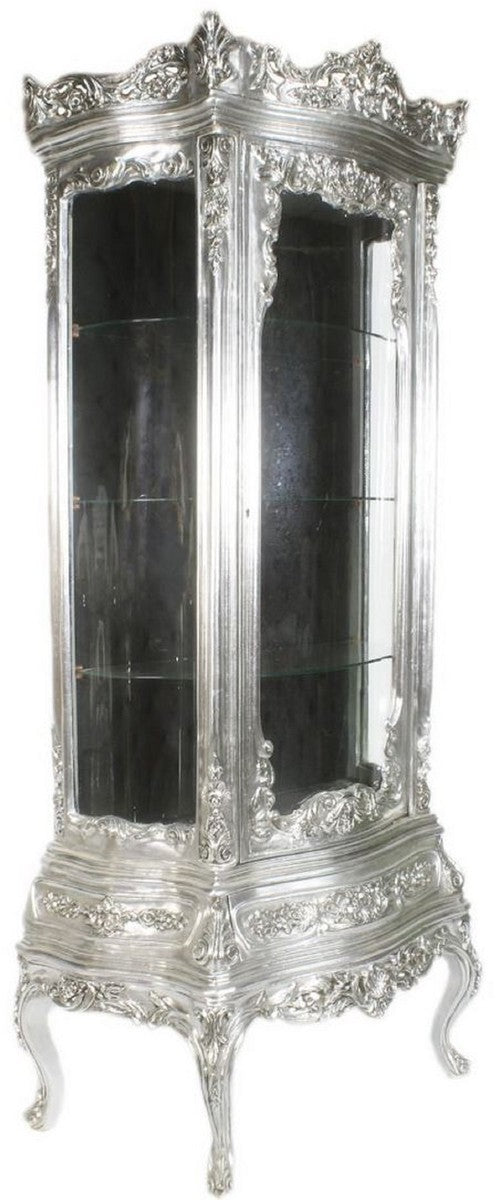 Barock Vitrine Silber / Schwarz 80 x 40 x H. 200 cm - Prunkvoller Barock Vitrinenschrank mit Glastür und wunderschönen Verzierungen - Barock Möbel