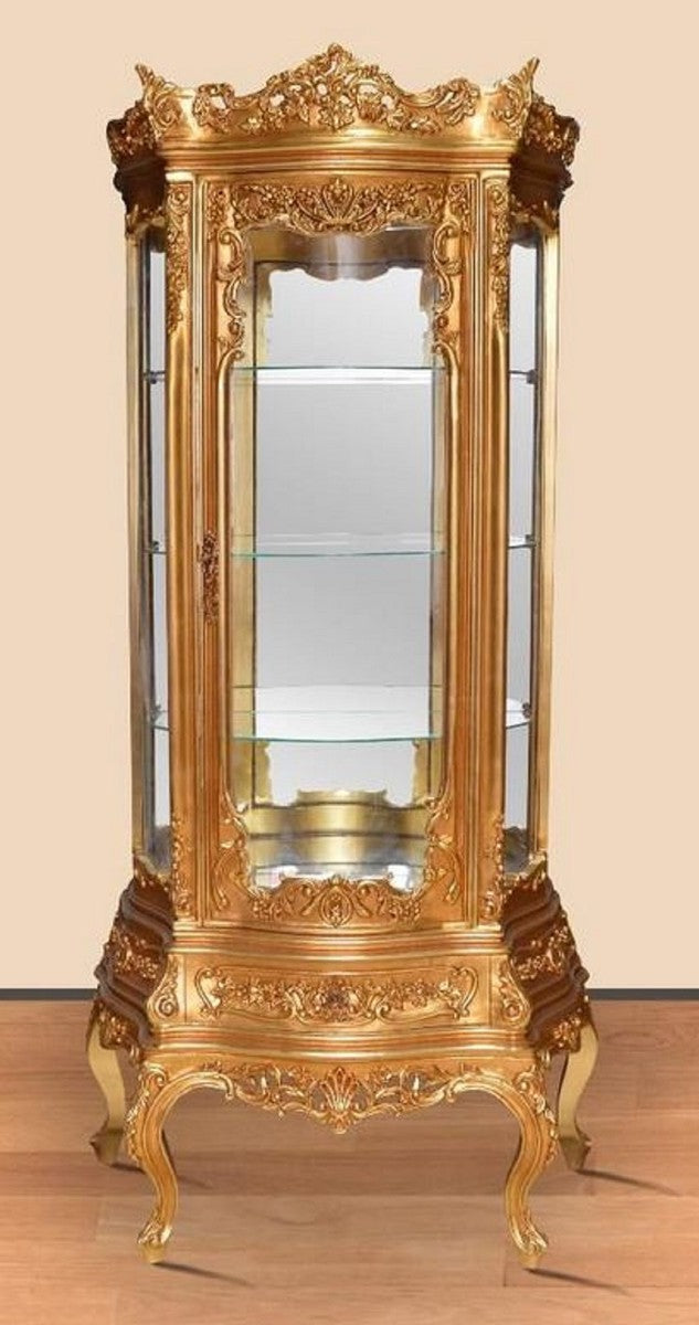 Barock Vitrine Gold - Prunkvoller Barock Vitrinenschrank mit Schublade - Handgefertigte Barock Wohnzimmer Möbel