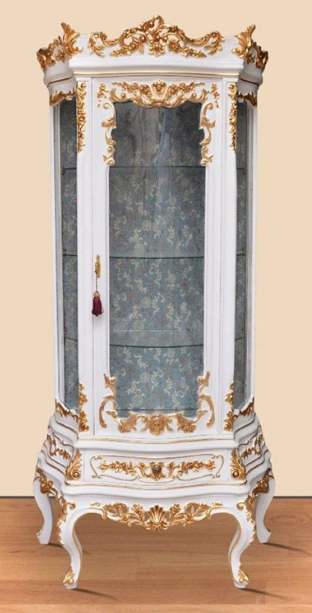 Barock Vitrine Weiß / Gold - Prunkvoller Barock Vitrinenschrank mit Glastür und Schublade - Handgefertigte Barock Wohnzimmer Möbel