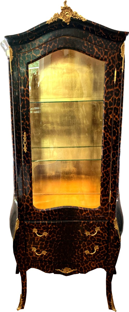 Barock Vitrine Leopard / Gold - Vitrinenschrank - Möbel Wohnzimmer Schrank Glasvitrine