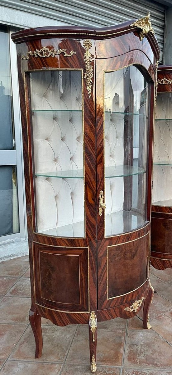 Barock Vitrine Braun / Gold - Handgefertigter Massivholz Antik Stil Vitrinenschrank mit Glastür - Antik Stil Möbel - Barock Möbel - Wohnzimmer Möbel im Barockstil - Edel & Prunkvoll