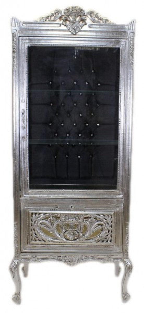 Barock Vitrine Silber / Schwarz - Vitrinenschrank - Wohnzimmerschrank Glasvitrine