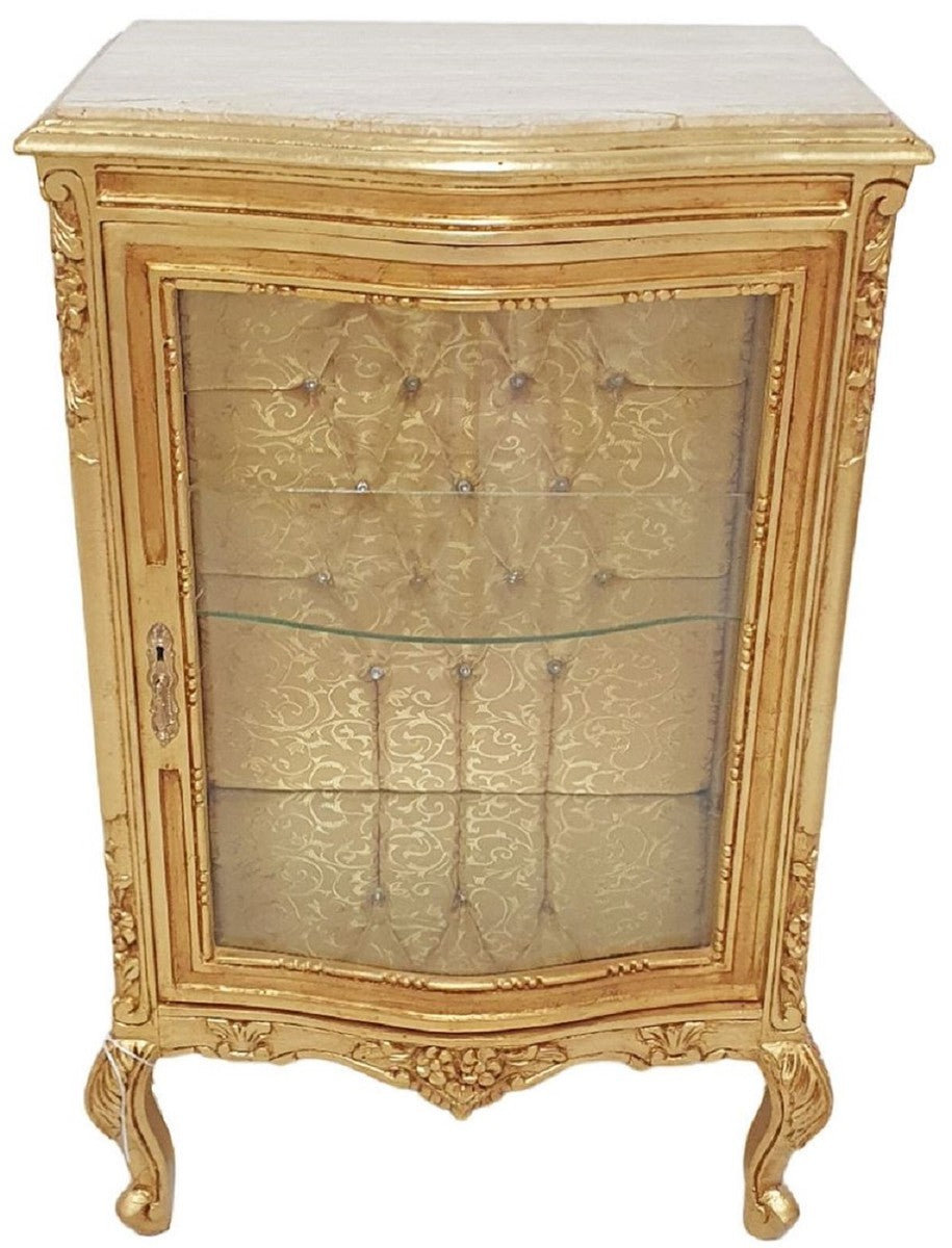 Barock Vitrine Gold / Creme - Handgefertigter Massivholz Vitrinenschrank mit Glitzersteinen und Marmorplatte - Wohnzimmer Möbel im Barockstil - Barock Möbel
