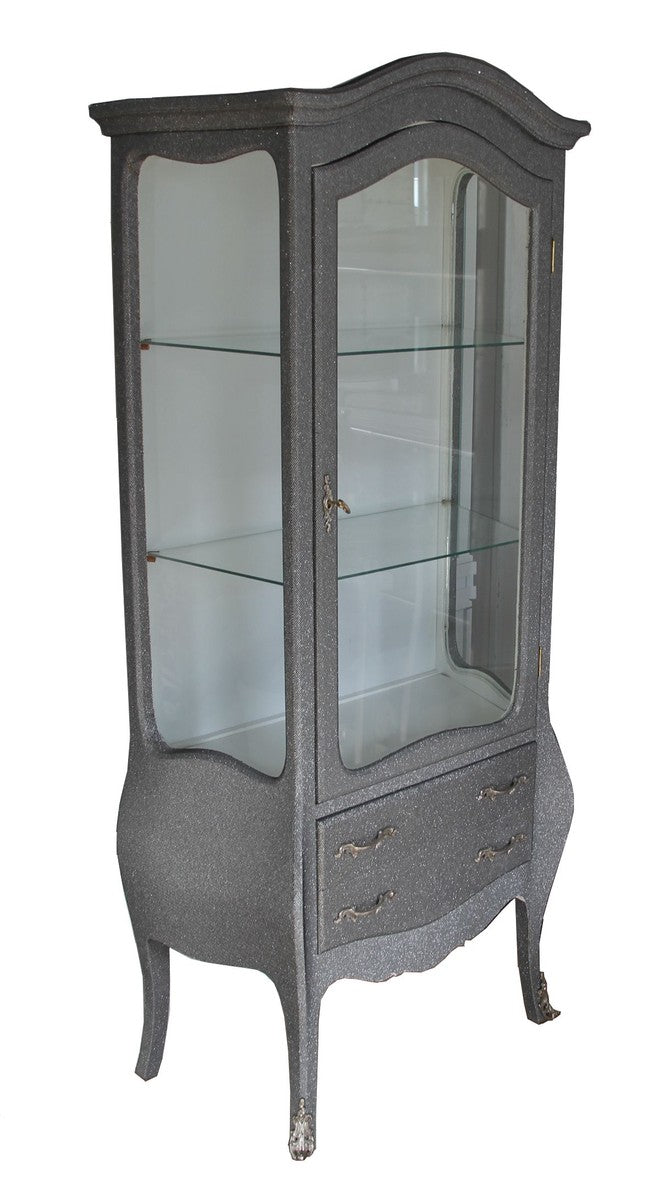 Barock Vitrine in Grau/Silber Glitzerlook - Vitrinenschrank - Wohnzimmerschrank