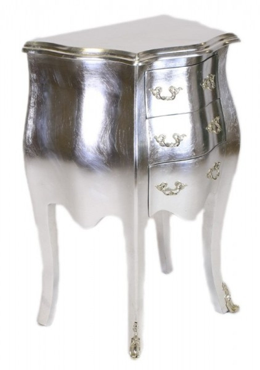 Barock Kommode Silber H 70 cm, B 50 cm - Nachttisch Schrank mit 3 Schubladen