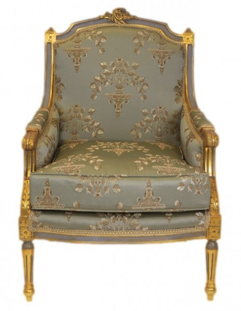 Barock Lounge Thron Sessel Empire Jadegrün Muster / Gold - Ohren Sessel - Ohrensessel Tron Stuhl