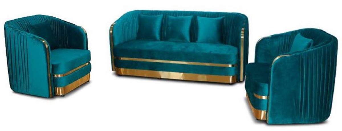 Art Deco Samt Sofa Grünblau / Gold 180 x 78 x H. 80 cm - Wohnzimmer Sofa - Art Deco Wohnzimmer Möbel