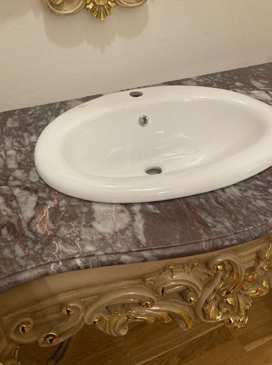 Barock Badezimmer Set Grau / Gold - 1 Waschtisch & 1 Keramik Waschbecken & 1 Wandspiegel - Badezimmer Möbel im Barockstil - Barock Möbel - Barock Einrichtung