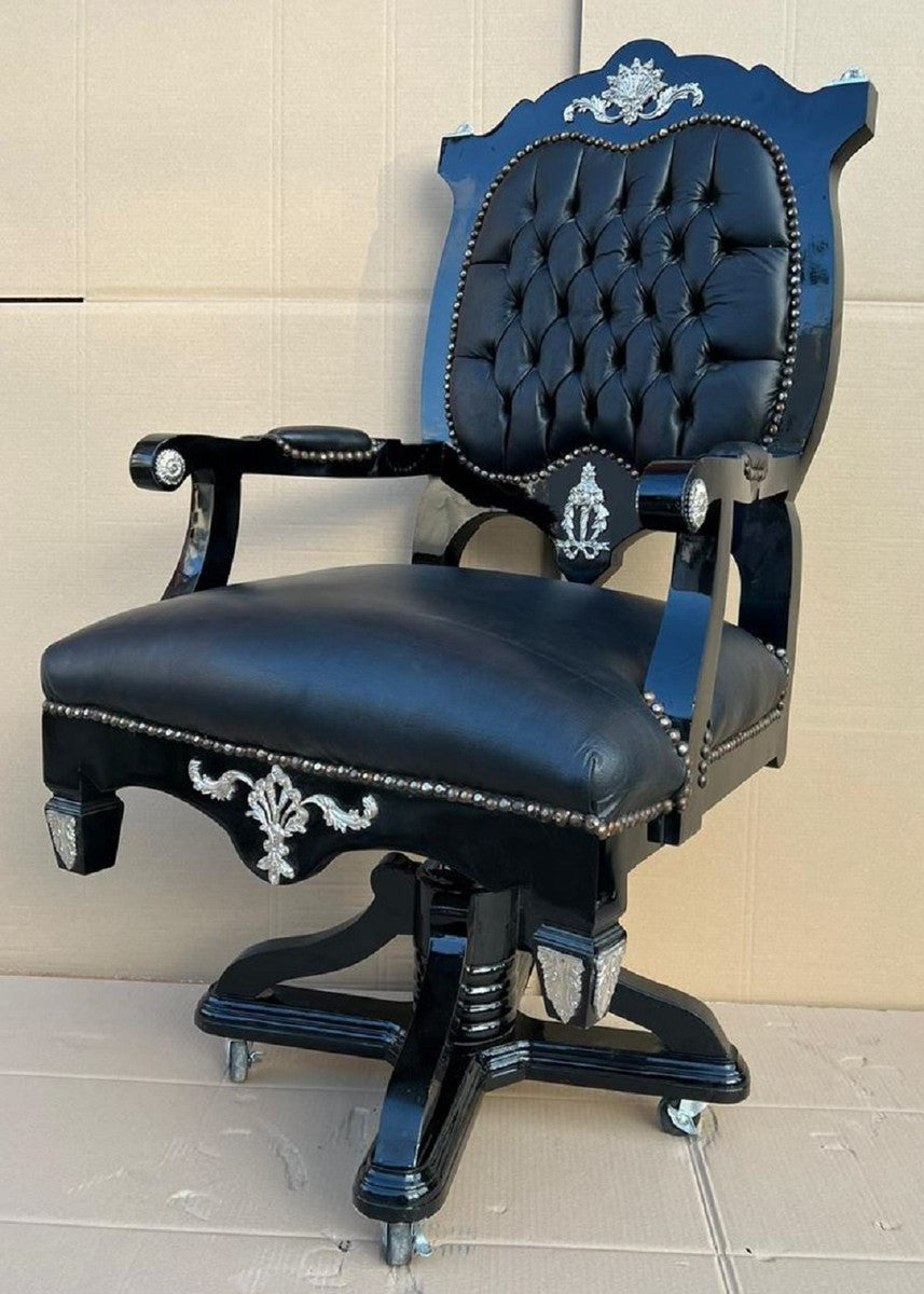 Barock Schreibtischstuhl Schwarz / Silber - Höhenverstellbarer Barockstil Bürostuhl mit edlem Kunstleder - Barock Büro Möbel - Edel & Prunkvoll