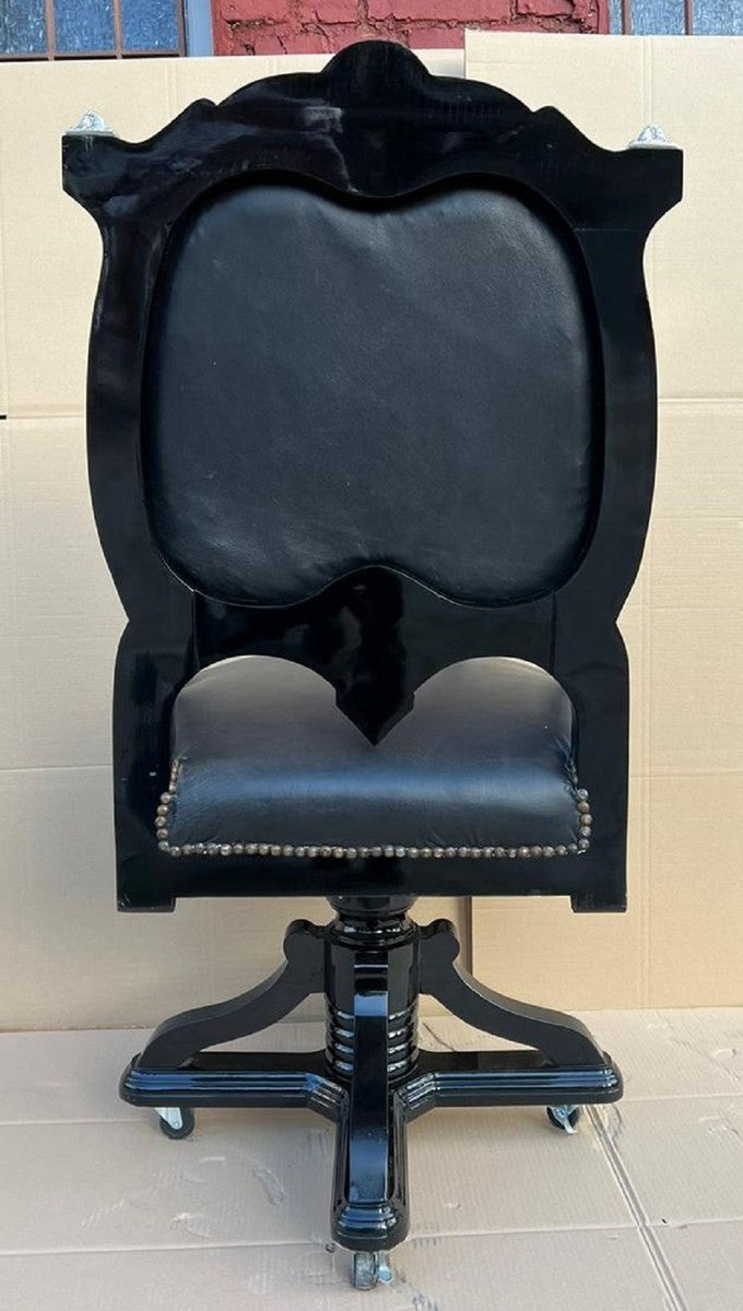 Barock Schreibtischstuhl Schwarz / Silber - Höhenverstellbarer Barockstil Bürostuhl mit edlem Kunstleder - Barock Büro Möbel - Edel & Prunkvoll
