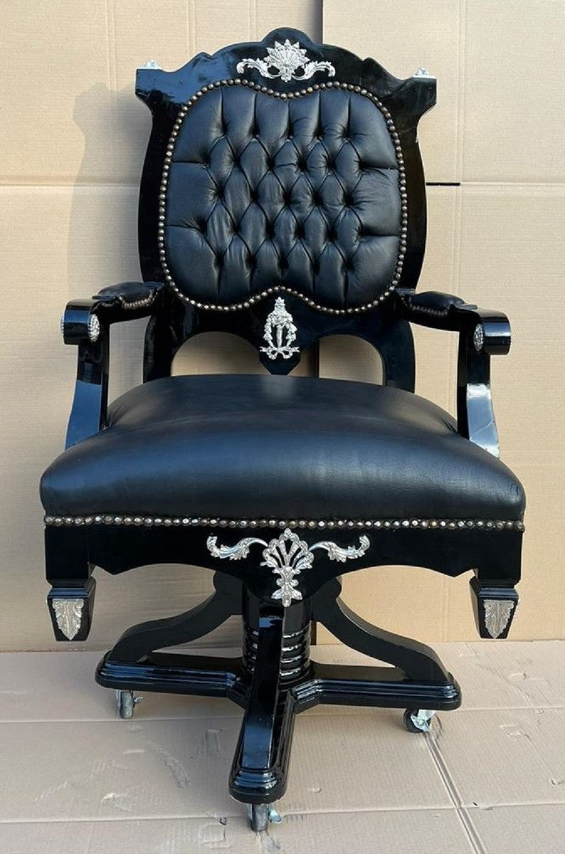 Barock Schreibtischstuhl Schwarz / Silber - Höhenverstellbarer Barockstil Bürostuhl mit edlem Kunstleder - Barock Büro Möbel - Edel & Prunkvoll