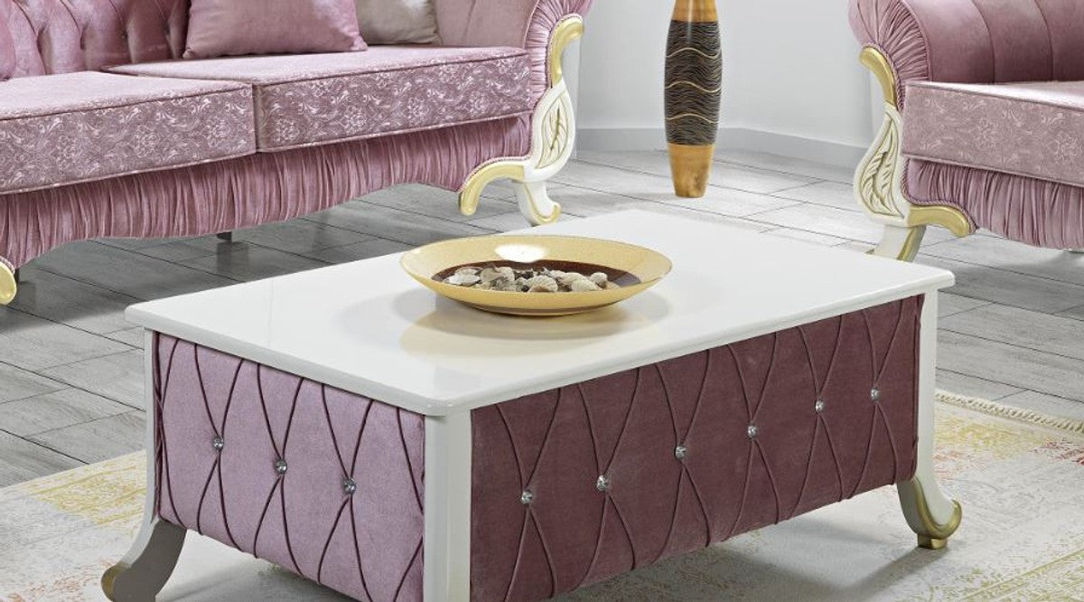 Barock Couchtisch Rosa / Weiß / Gold 100 x 64 x H. 43 cm - Barockstil Wohnzimmertisch mit Glitzersteinen - Barock Möbel