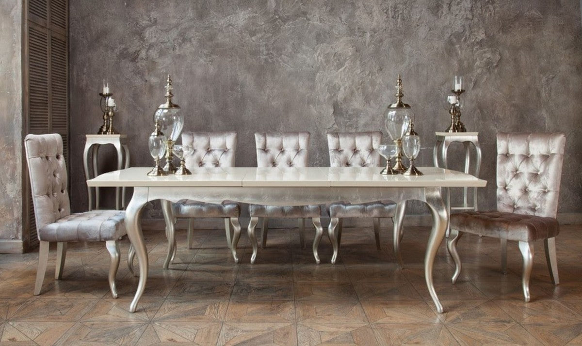 Art Deco Esstisch Creme / Silber 189-240 x 108 x H. 76 cm - Ausziehbarer Massivholz Küchentisch - Art Deco Esszimmer Möbel