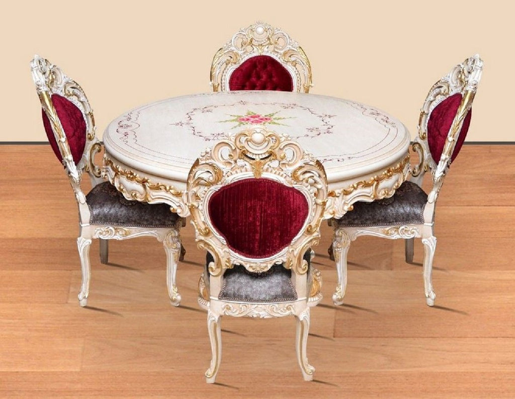 Barock Esszimmer Set Bordeauxrot / Grau / Weiß / Gold - 1 runder Esstisch & 4 Esszimmerstühle - Prunkvolle Esszimmer Möbel im Barockstil