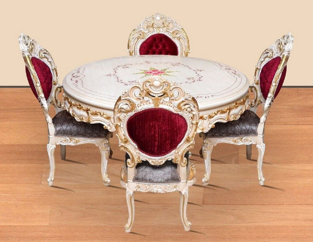 Barock Esszimmer Set Bordeauxrot / Grau / Weiß / Gold - 1 runder Esstisch & 4 Esszimmerstühle - Prunkvolle Esszimmer Möbel im Barockstil