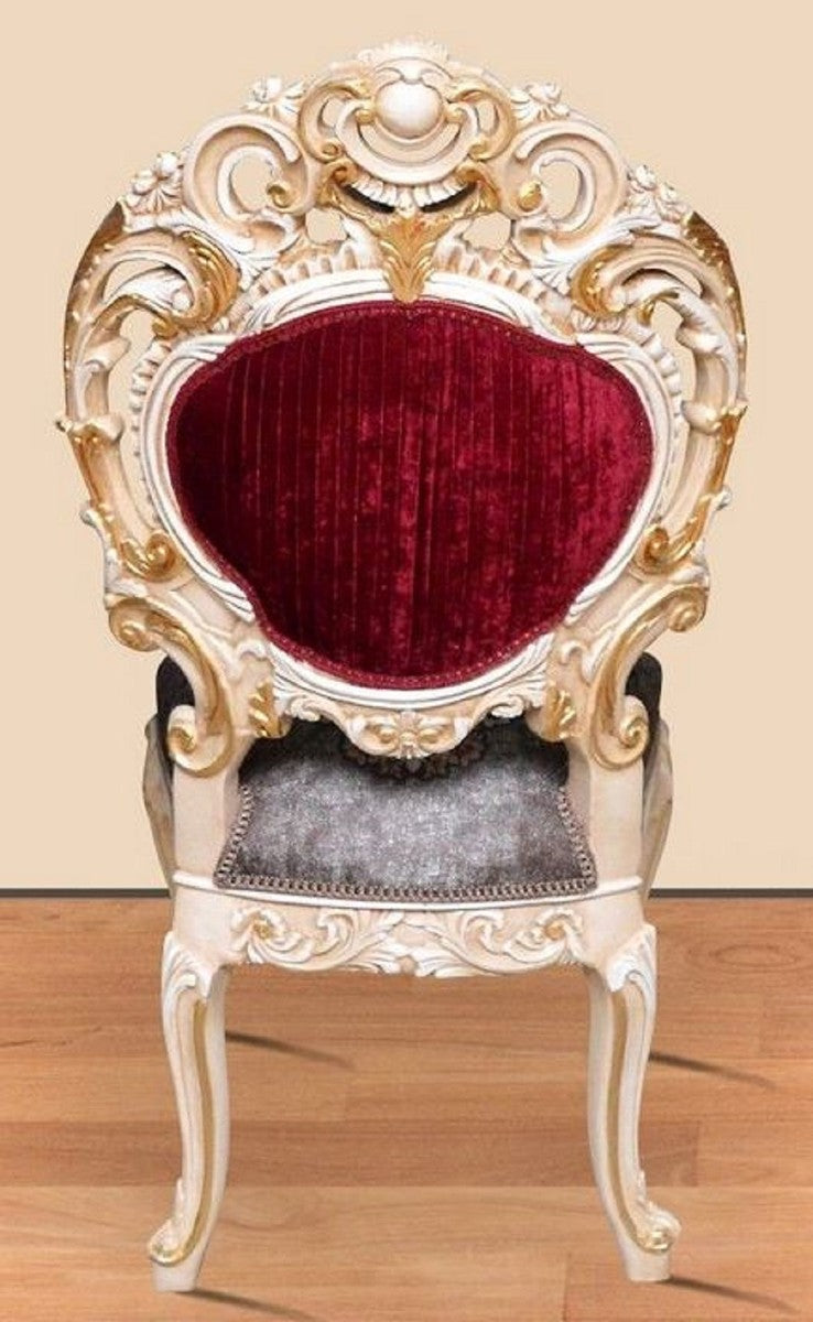 Barock Esszimmer Set Bordeauxrot / Grau / Weiß / Gold - 1 runder Esstisch & 4 Esszimmerstühle - Prunkvolle Esszimmer Möbel im Barockstil