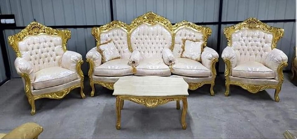 Barock Sofa Creme Muster / Gold - Prunkvolles Wohnzimmer Sofa mit elegantem Muster und Glitzersteinen - Wohnzimmer Möbel im Barockstil - Barock Möbel - Edel & Prunkvoll