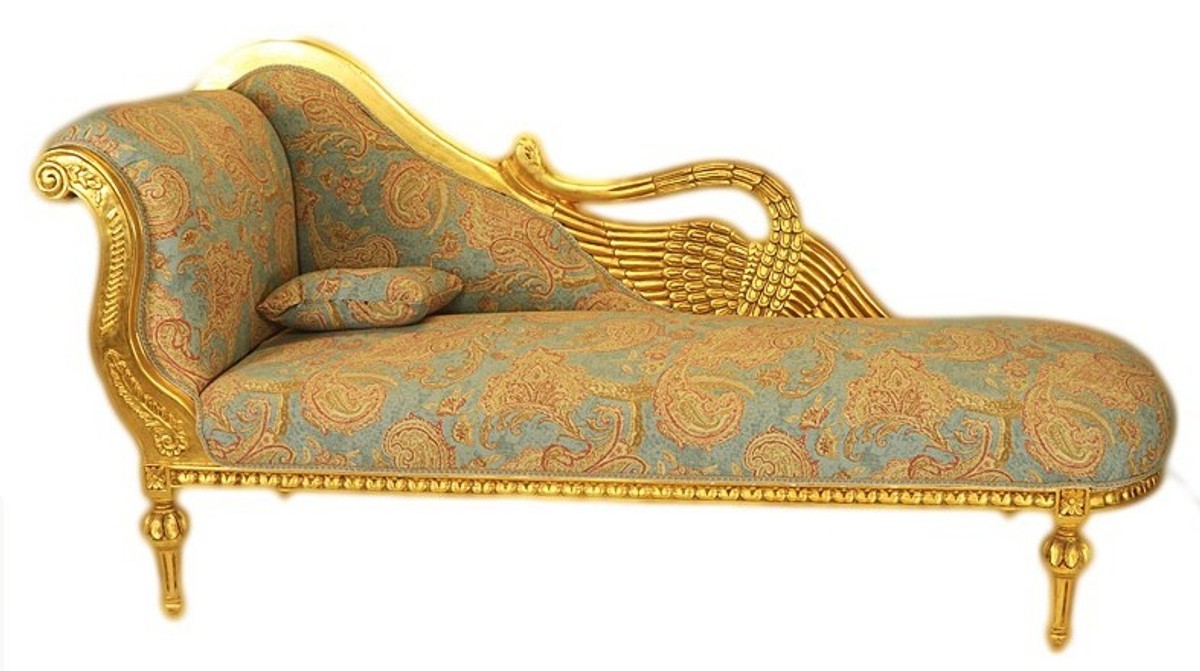 Barock Luxus Chaiselongue Antik Gold-Türkis-Rot Muster / Gold - Golden Wings - Luxus Qualität