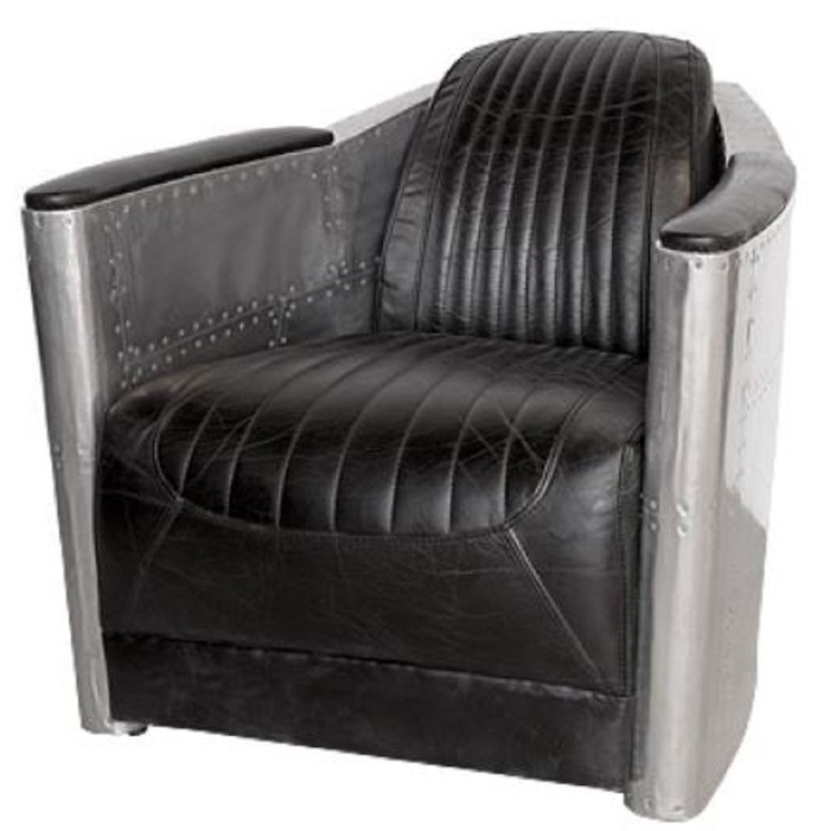 Art Deco Aluminium Echtleder Sessel Schwarz / Silber 74,5 x 94 x H. 78 cm - Club Sessel - Lounge Sessel - Flugzeug Flieger Möbel