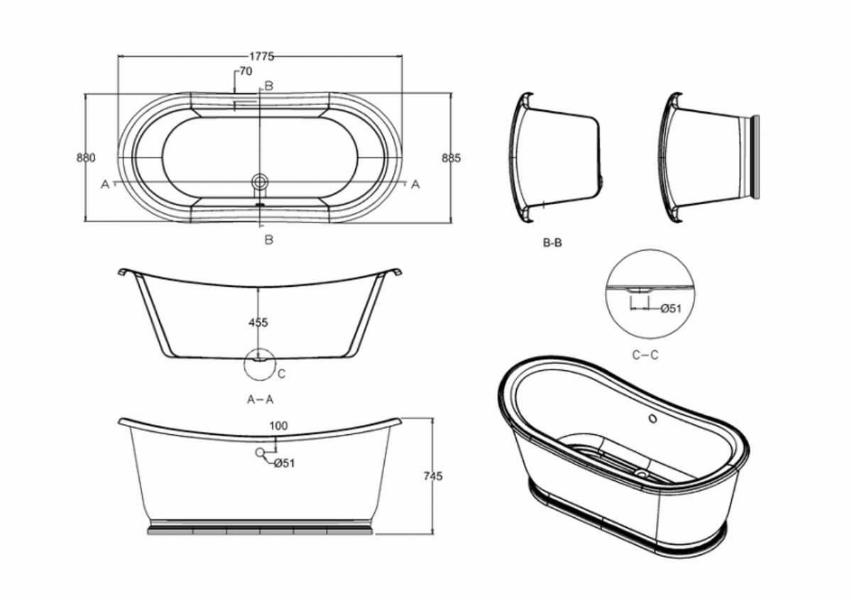 Badewanne freistehend 1800mm BAdm180 - Freistehende Retro Antik Badewanne