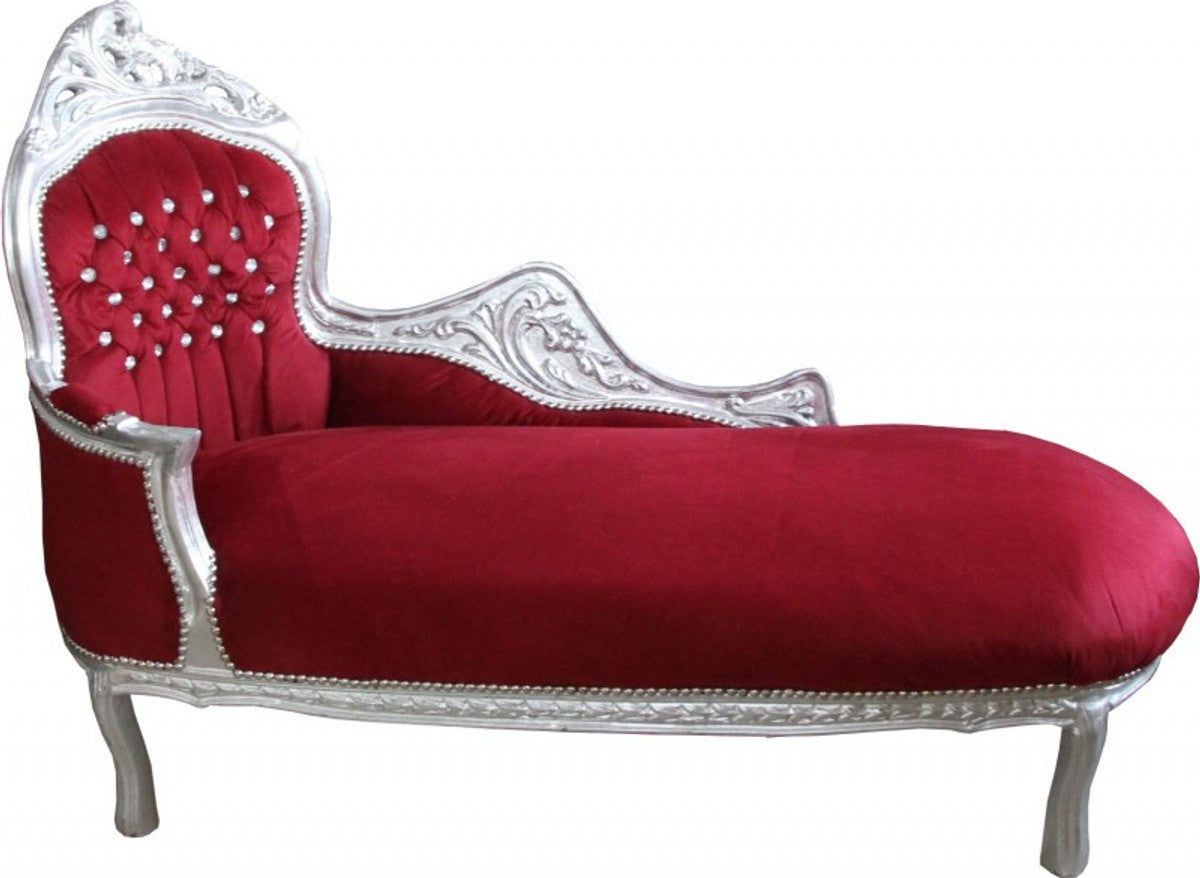 Barock Chaiselongue King Bordeaux Rot /Silber mit Bling Bling Glitzersteinen Mod2