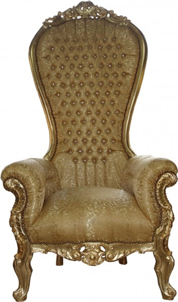 Barock Thron Sessel Majestic Gold Muster / Gold mit Bling Bling Glitzersteinen - Riesensessel -Thron Stuhl Tron