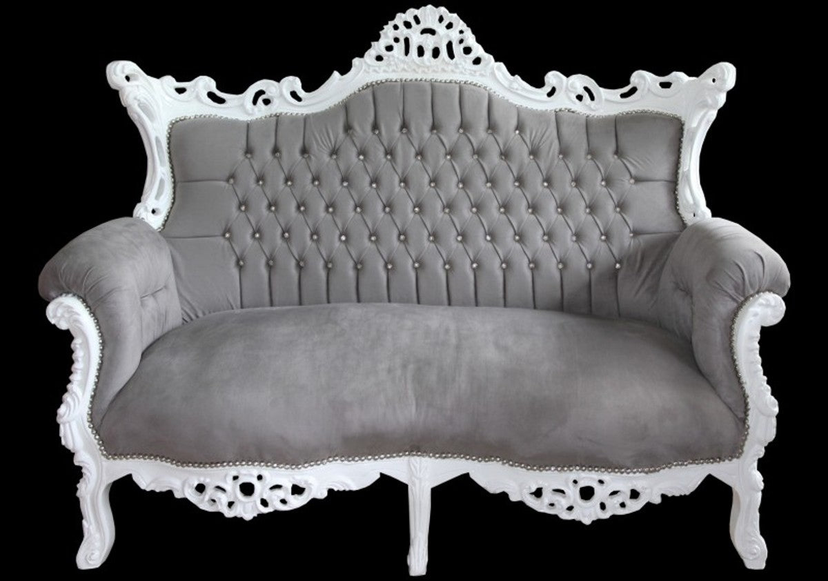 Barock 2-er Sofa Master Grau / Weiß mit Bling Bling Glitzersteinen - Antik Stil Wohnzimmer Möbel - Limited Edition
