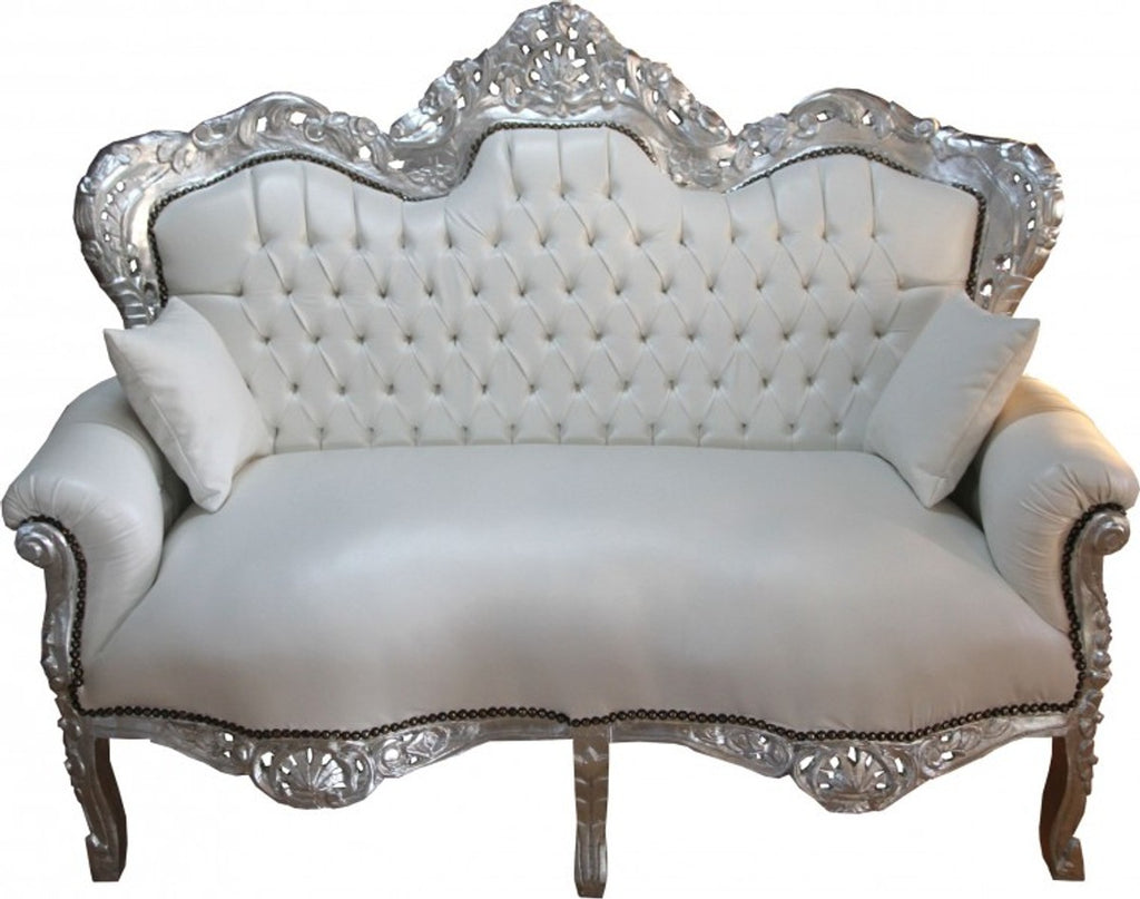 Barock 2-er Sofa King Weiß Lederoptik / Silber - Wohnzimmer Couch Möbel Lounge