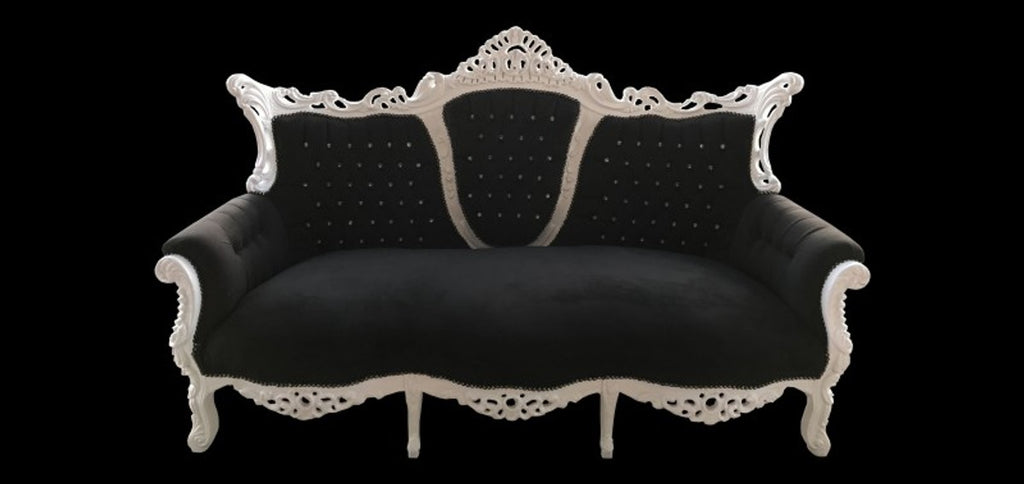 Barock 3-er Sofa Master Schwarz / Weiß mit Bling Bling Glitzersteinen - Wohnzimmer Möbel Couch Lounge - Limited Edition