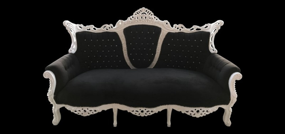 Barock 3-er Sofa Master Schwarz / Weiß mit Bling Bling Glitzersteinen - Wohnzimmer Möbel Couch Lounge - Limited Edition
