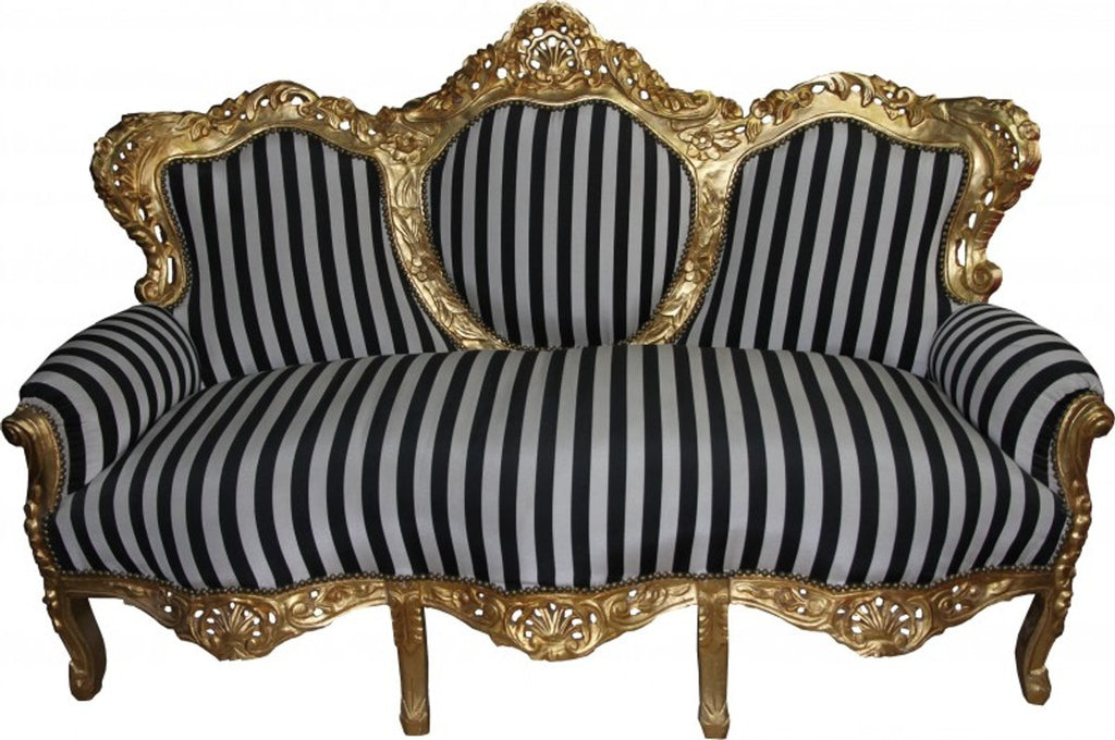 Barock 3-er Sofa King Schwarz/Weiss Streifen / Gold - Möbel Barock
