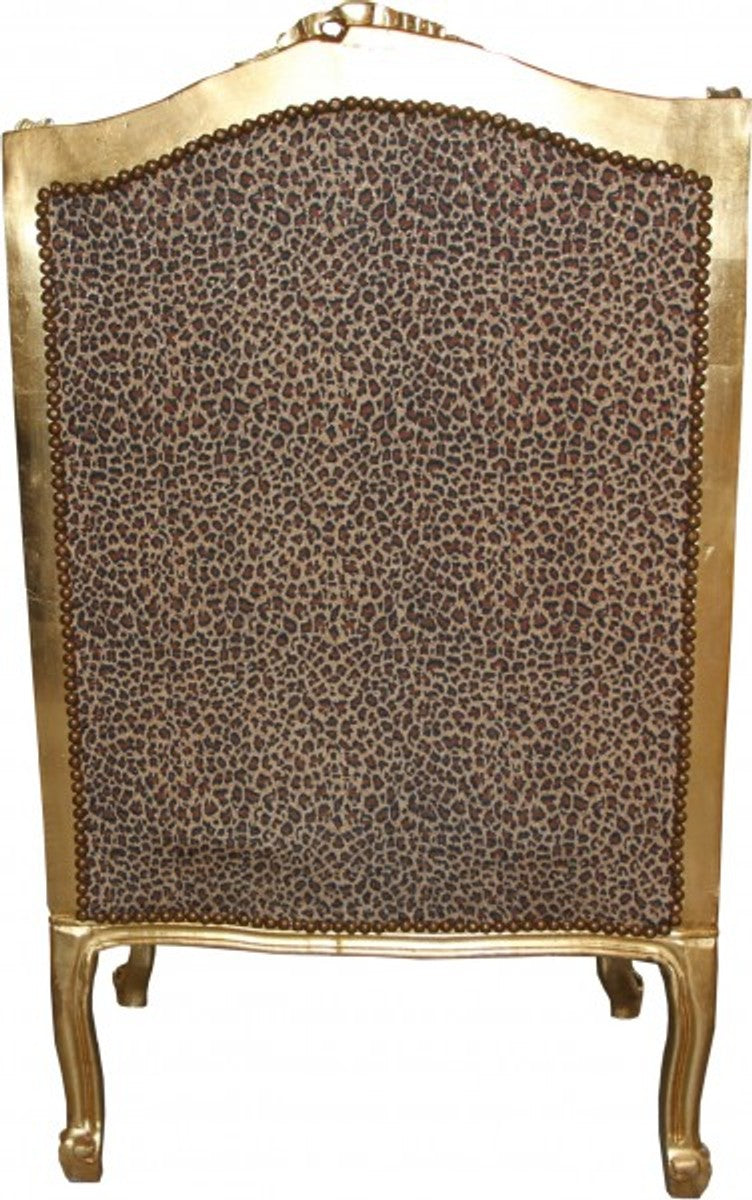 Barock Lounge Thron Sessel Leopard / Gold Mod2 - Ohren Sessel - Ohrensessel Tron Stuhl