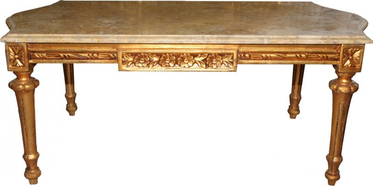 Barock Couchtisch Gold mit cremefarbener Marmorplatte 108 x 55 cm - Limited Edition