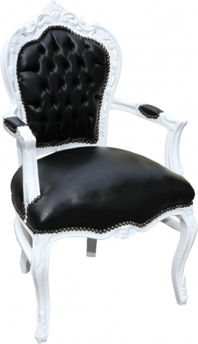 Barock Esszimmerstuhl Schwarz / Weiß Lederoptik mit Armlehnen