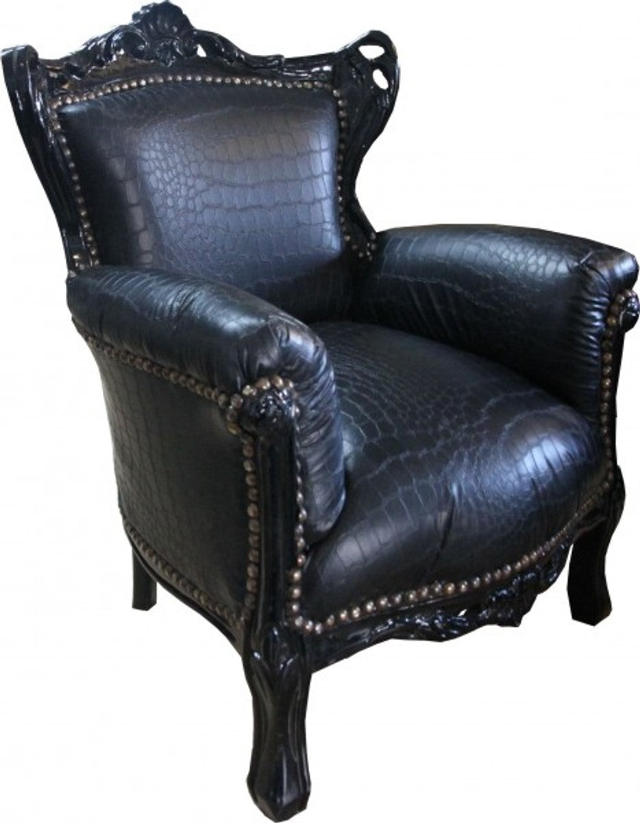 Barock Kinder Sessel Schwarz Croco Lederoptik/Schwarz - Kinder Thron